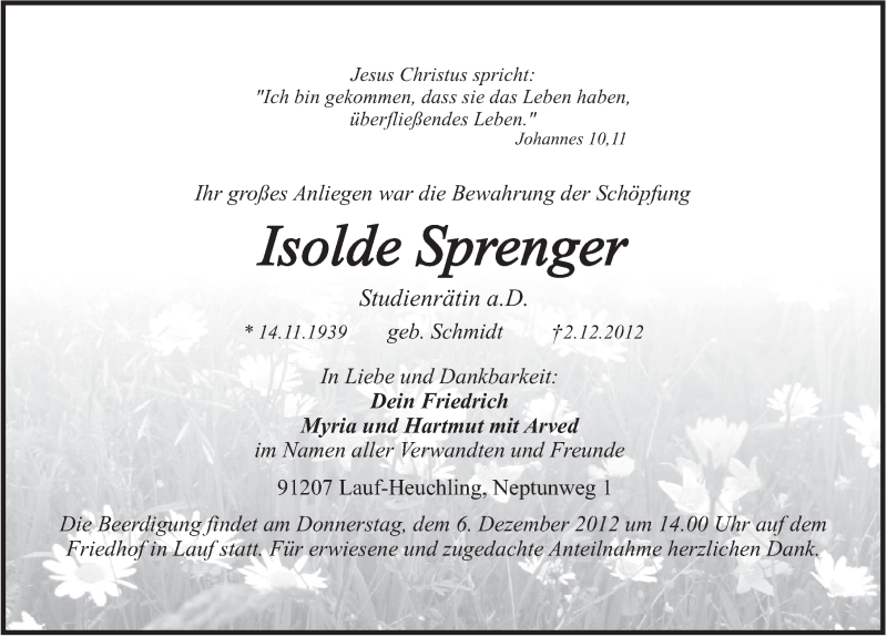  Traueranzeige für Isolde Sprenger vom 04.12.2012 aus Pegnitz-Zeitung